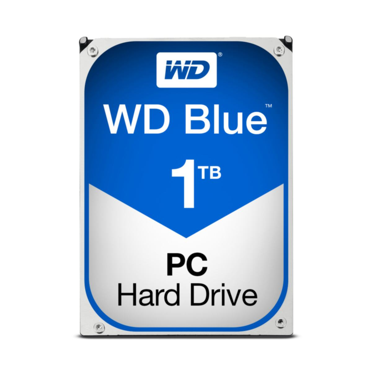 Eine WD Blue 1TB PC-Festplatte mit blau-weißer Beschriftung, isoliert auf Weiß.