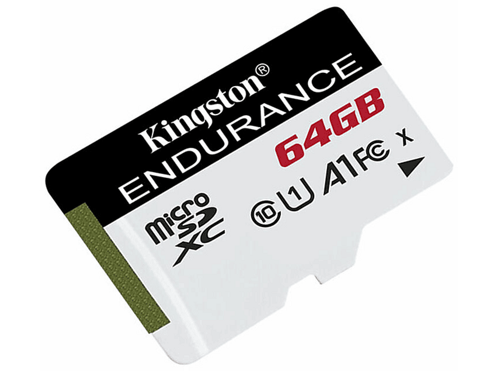 Kingston 64GB microSD-Karte. Schwarz mit rotem Text. Endurance-Modell.