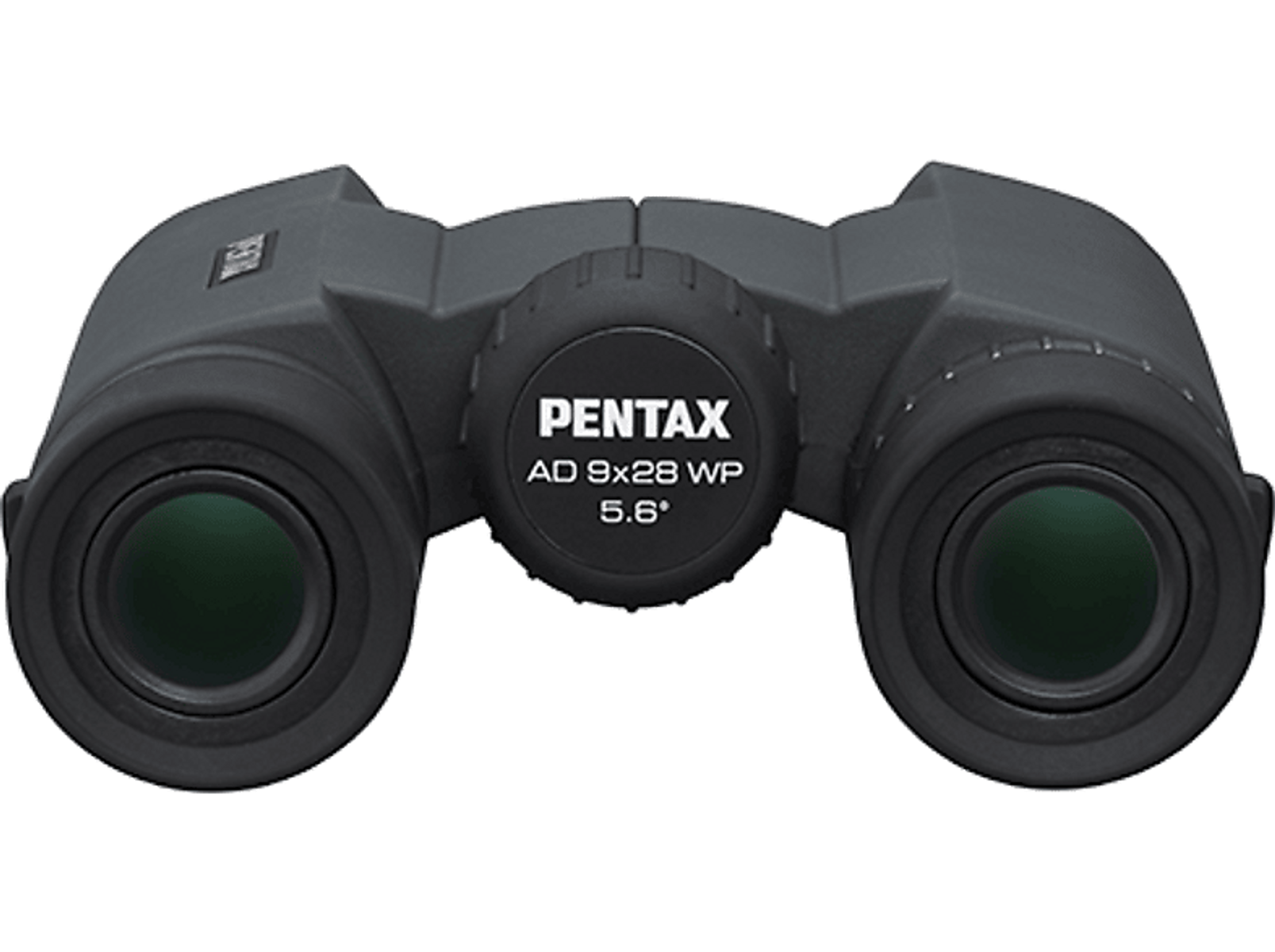 Binocolo nero, marca PENTAX. Testo: AD 9x28 WP 5.6°.