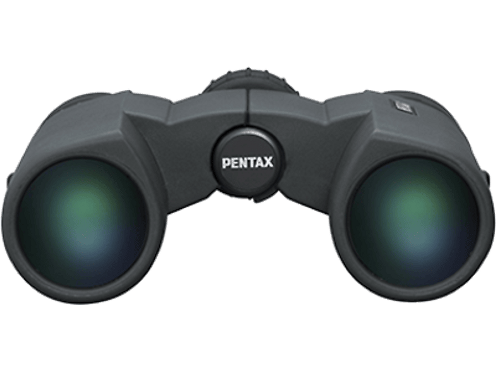 Binocolo Pentax nero con lenti verdi, centrato su uno sfondo nero.