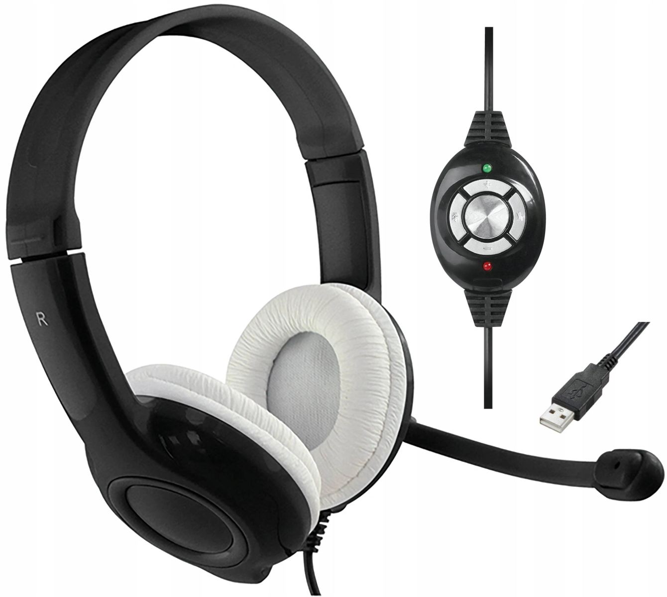 Cuffie nere con microfono a braccio e controllo del volume, sfondo bianco.