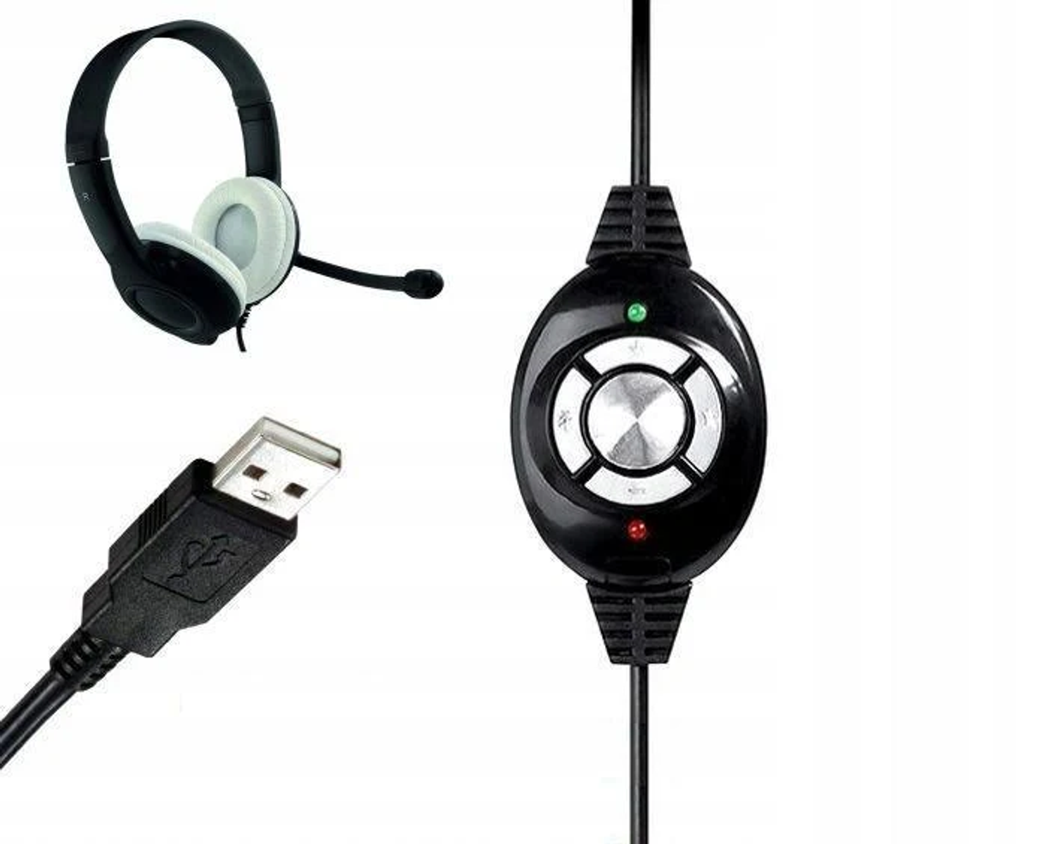 Cuffie con microfono, connettore USB e modulo di controllo con pulsanti e indicatori.