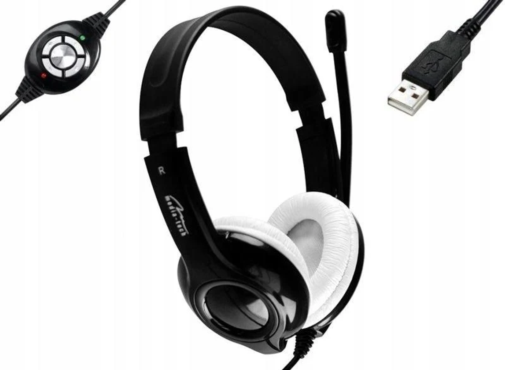 Cuffie nere con cuscinetti bianchi, un cavo USB e un pannello di controllo con pulsanti.