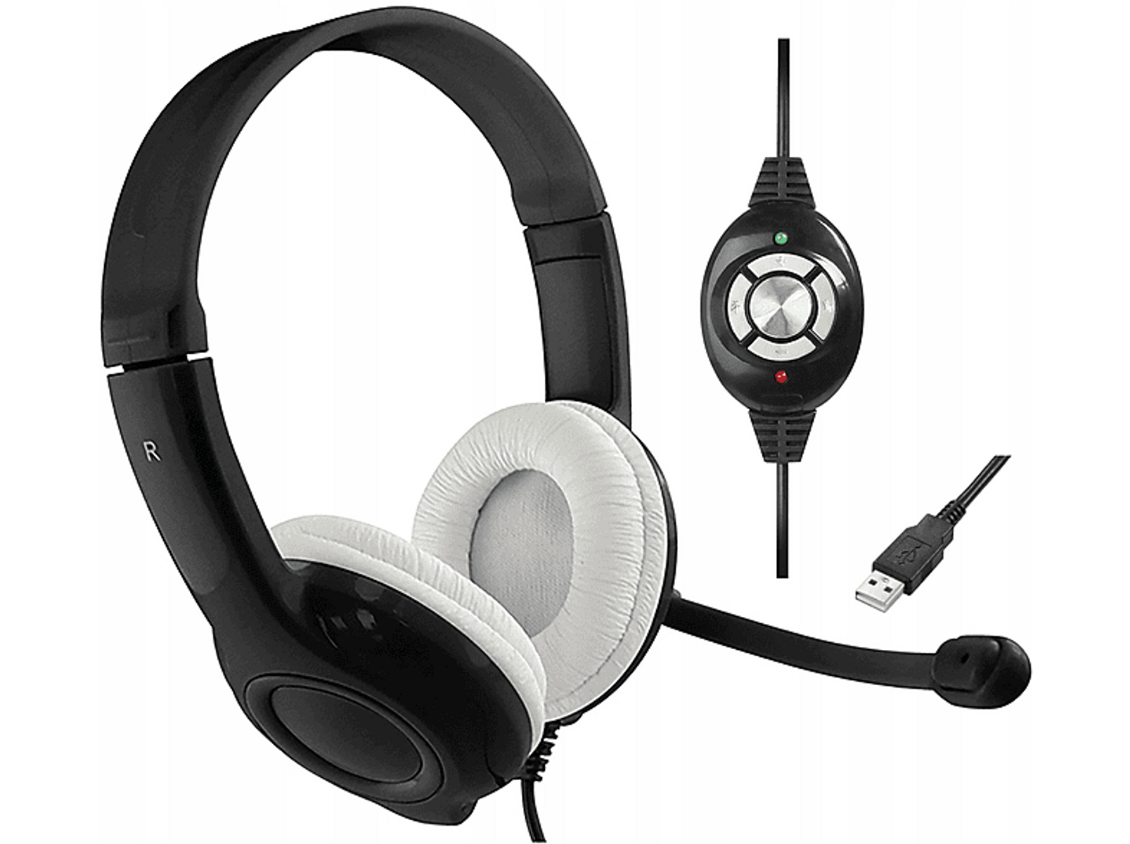Cuffie nere con padiglioni bianchi e un microfono collegato. Cavo USB.