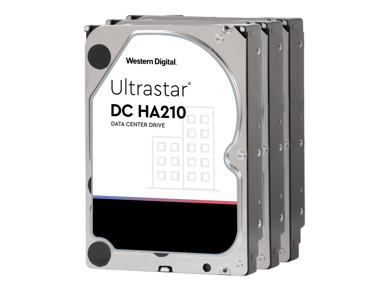 Cinque dischi rigidi Western Digital Ultrastar DC HA210 impilati su sfondo bianco.