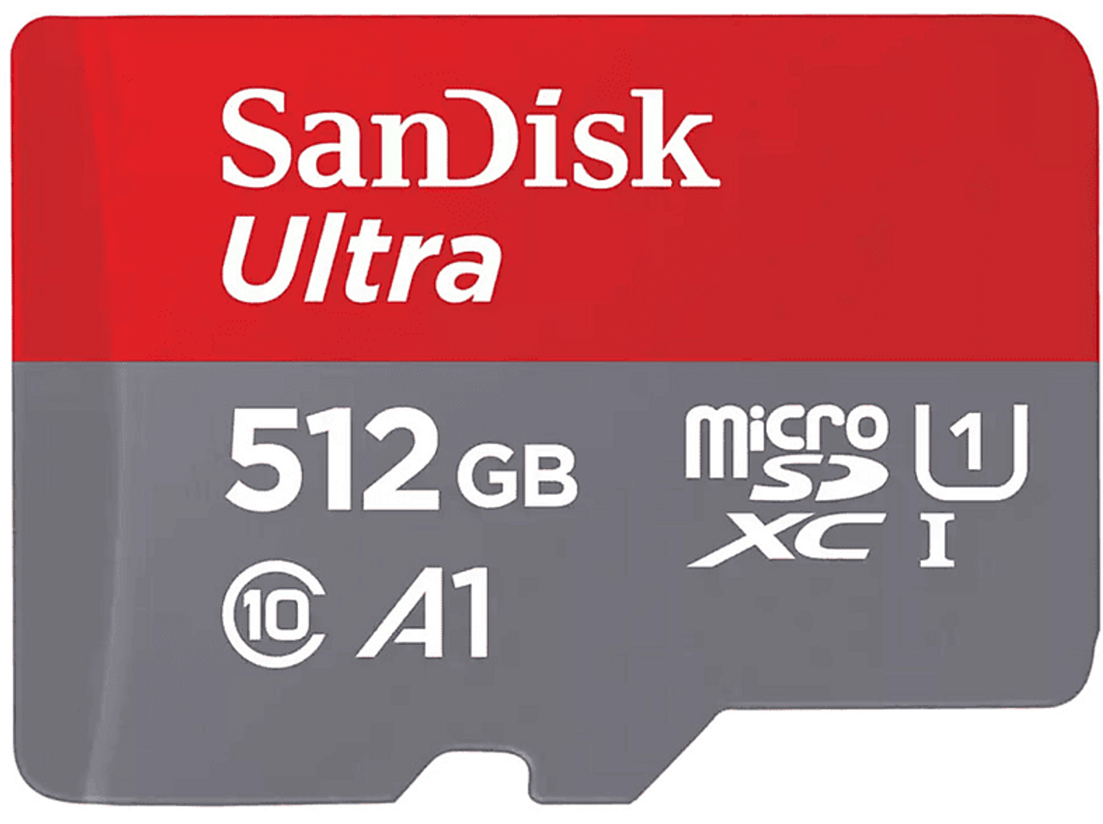 Scheda micro SD Sandisk Ultra. Rosso e grigio. 512 GB. Sfondo bianco.