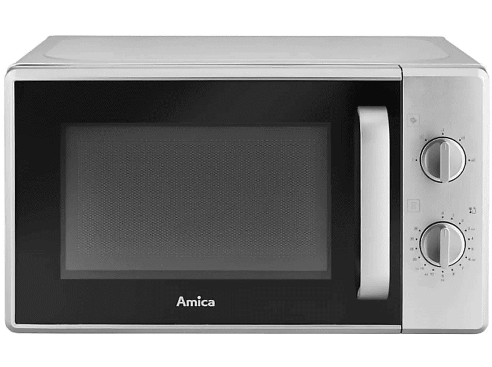Srebrna kuchenka mikrofalowa Amica. Przód jest czarny z uchwytem. Dwa pokrętła po prawej stronie.