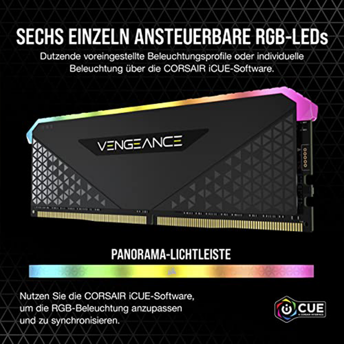 Kość RAM Corsair Vengeance z oświetleniem RGB, tekstem i schematem ilustrującym funkcje oświetleniowe.