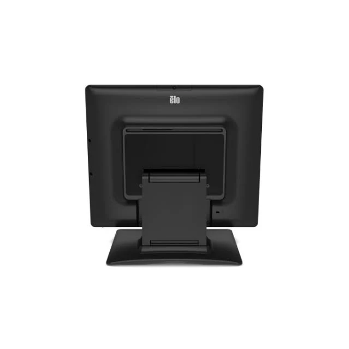 Ein schwarzer Elo-Touchscreen-Monitor, Rückansicht, mit Ständer. Der Hintergrund ist weiß.