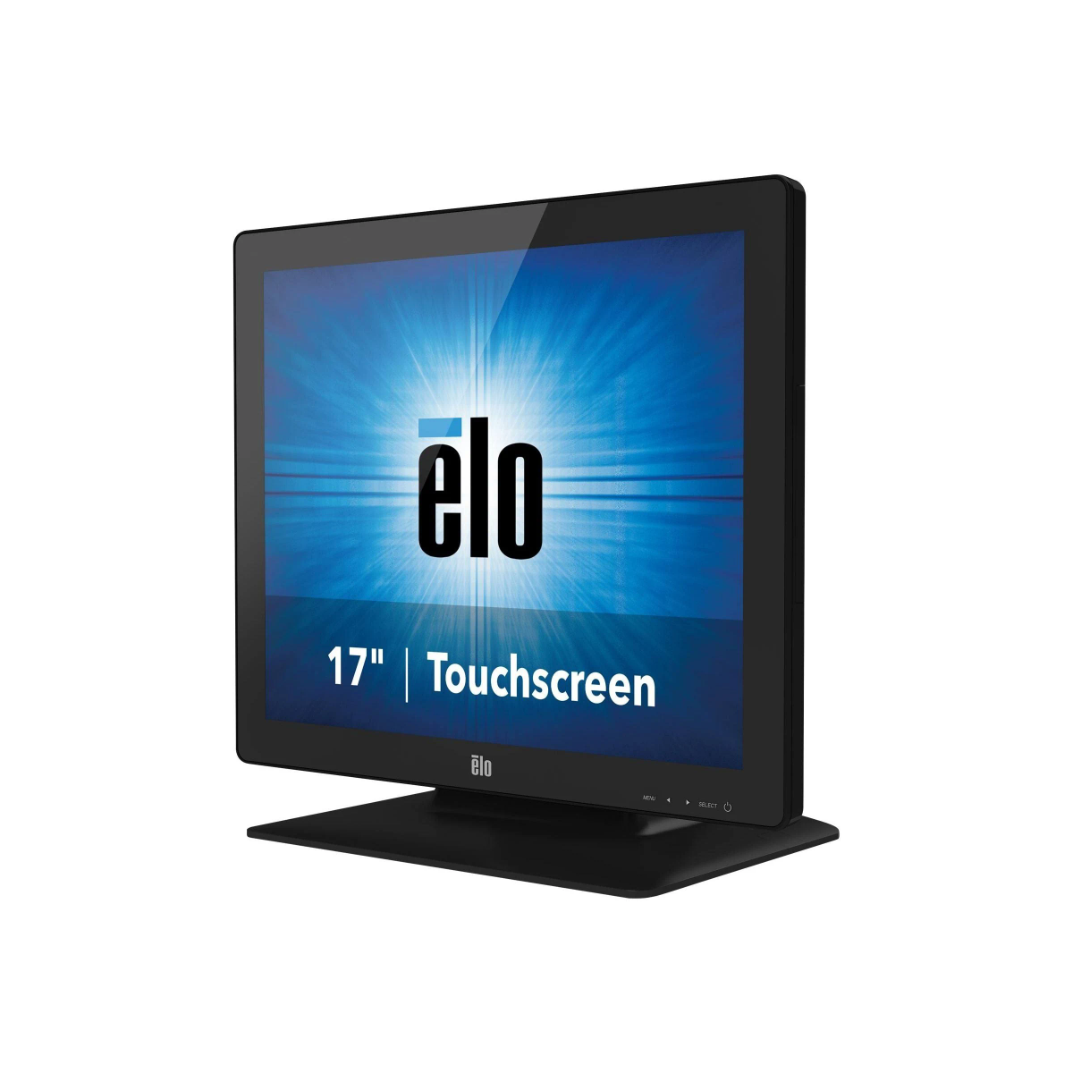 Schwarzer Elo 17-Zoll-Touchscreen-Monitor mit schwarzem Ständer. Der Bildschirm zeigt blaue Grafik.