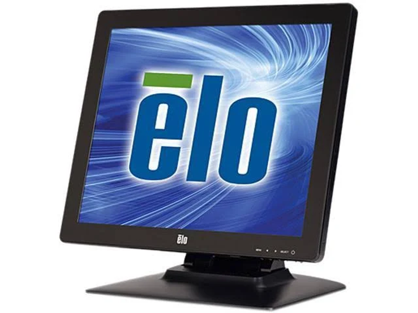 Schwarzer Elo-Touchscreen-Monitor, der das Elo-Logo auf blauem und weißem Hintergrund zeigt.