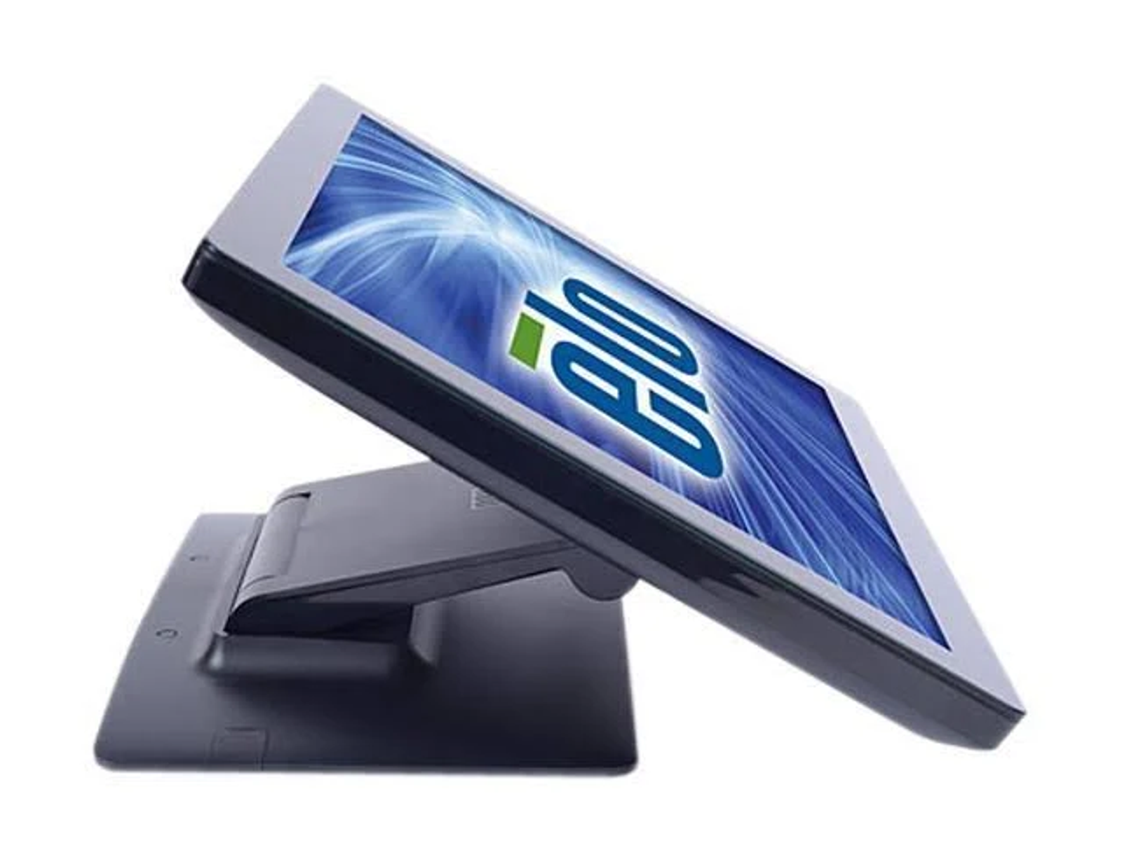 Ein Elo-Touchscreen-Monitor, geneigt. Der Bildschirm zeigt ein blaues und grünes Logo und steht auf einem schwarzen Ständer.