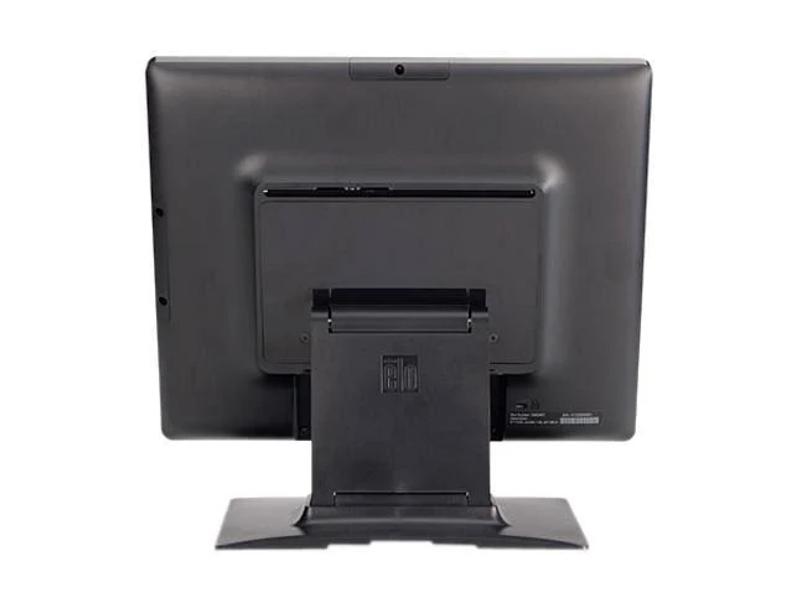 Die Rückseite eines schwarzen Computermonitors mit Ständer auf weißem Hintergrund.