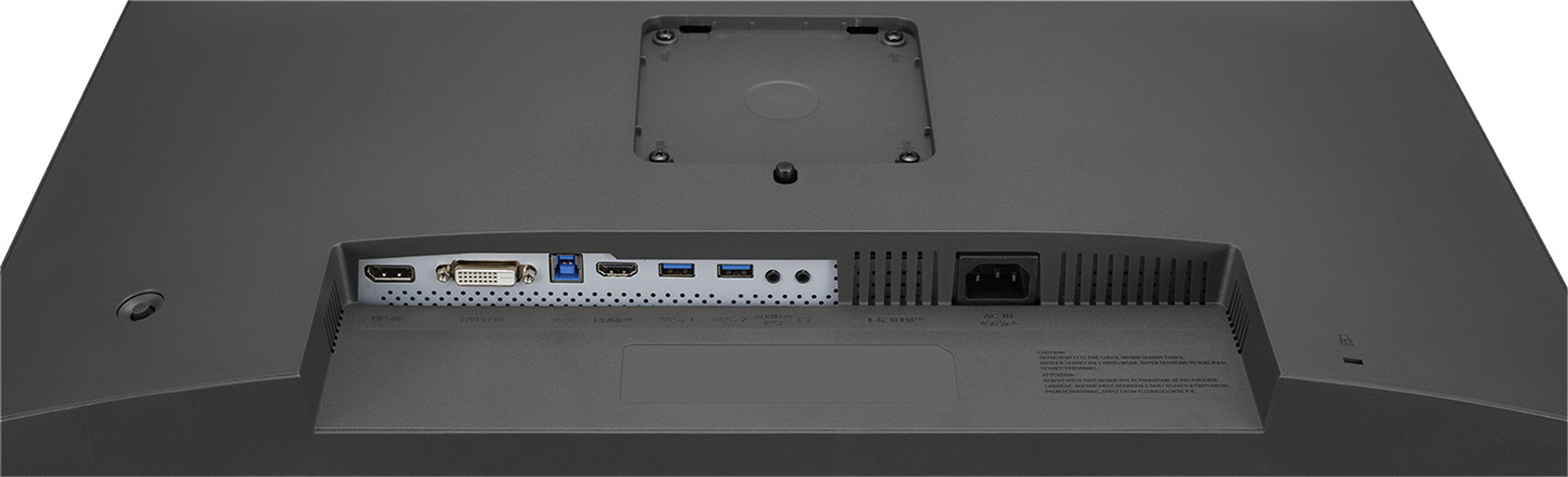 Retro di un monitor con varie porte. HDMI, USB visibili.