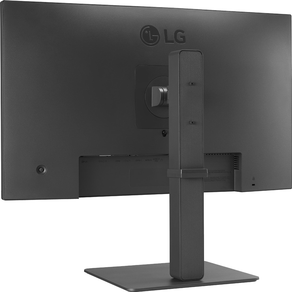 Vista posteriore di un monitor LG nero con supporto.
