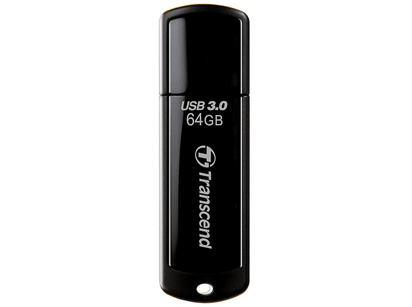 Czarny pendrive USB 3.0 64GB z logo Transcend. Pamięć USB w kolorze czarnym.