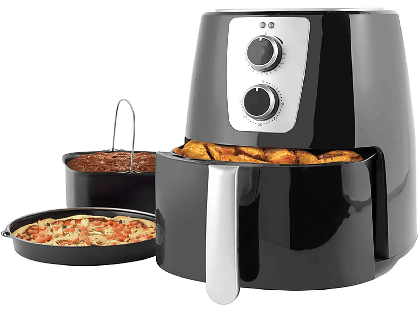 Friggitrice ad aria nera con cibo all'interno e due padelle aggiuntive.