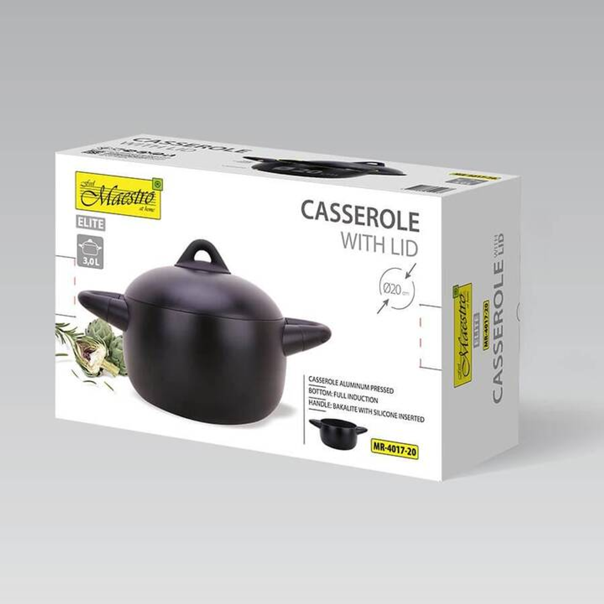 Czarny garnek z pokrywką w białym pudełku. Pudełko ma szczegóły produktu i logo.