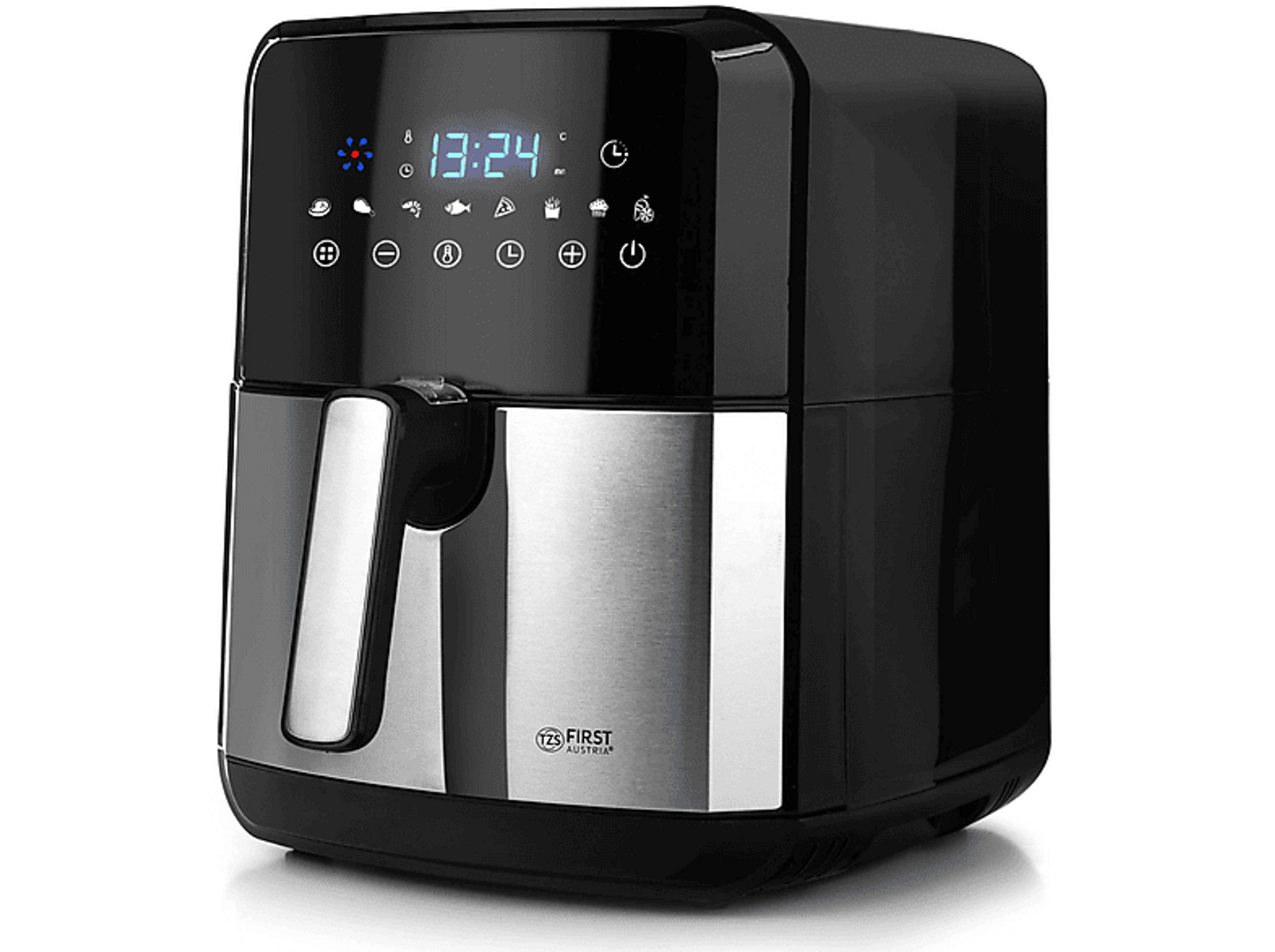 Schwarz-silberne Heißluftfritteuse mit Digitalanzeige. Schwarzer Hintergrund.