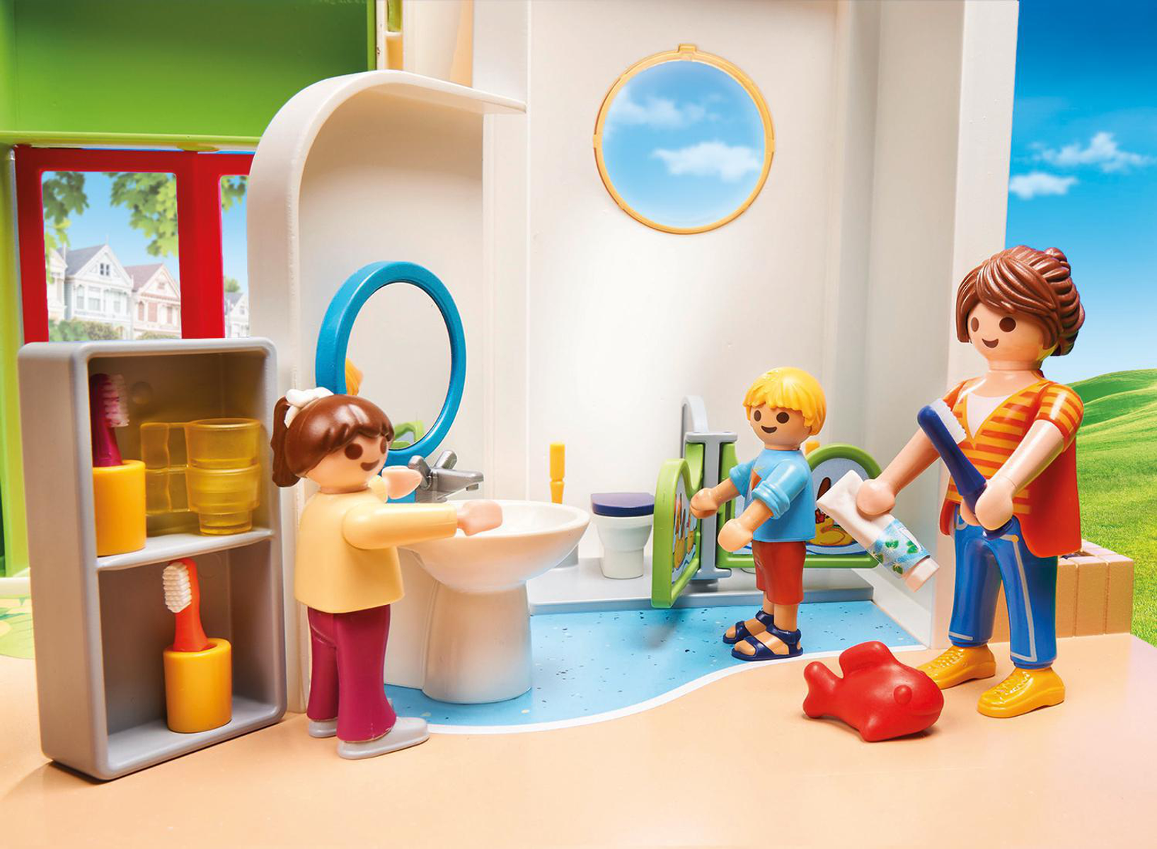 Escena de baño Playmobil con una madre y dos niños. Incluye lavabo, espejo y artículos de aseo.