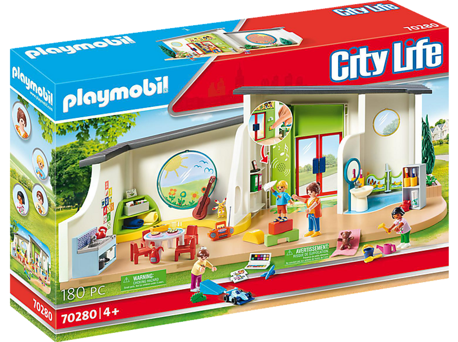 Una caja de juegos Playmobil City Life representa una escena de guardería con niños y juguetes en un entorno colorido.