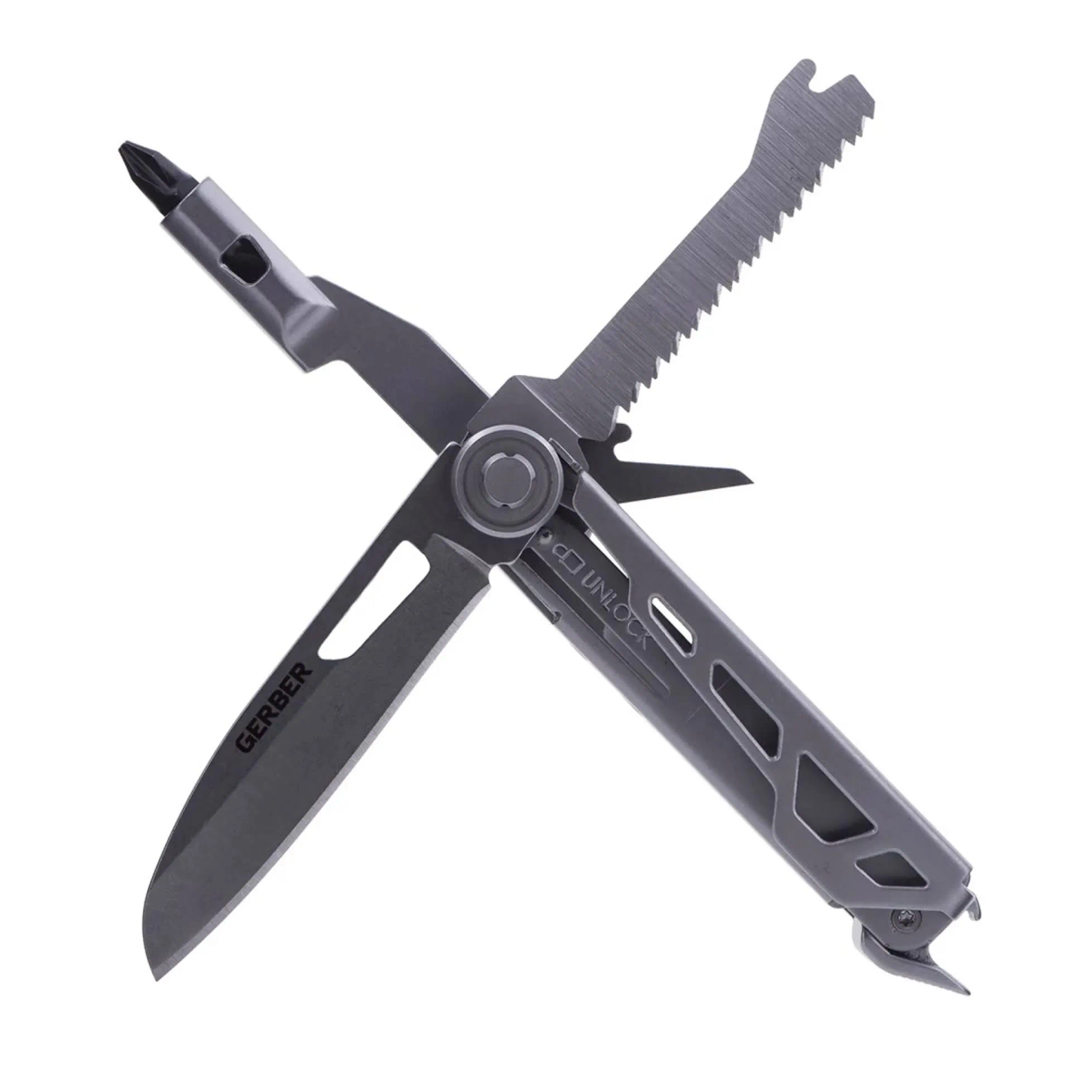 Multitool in geöffneter Position. Silbermetall mit Markennamen Gerber.