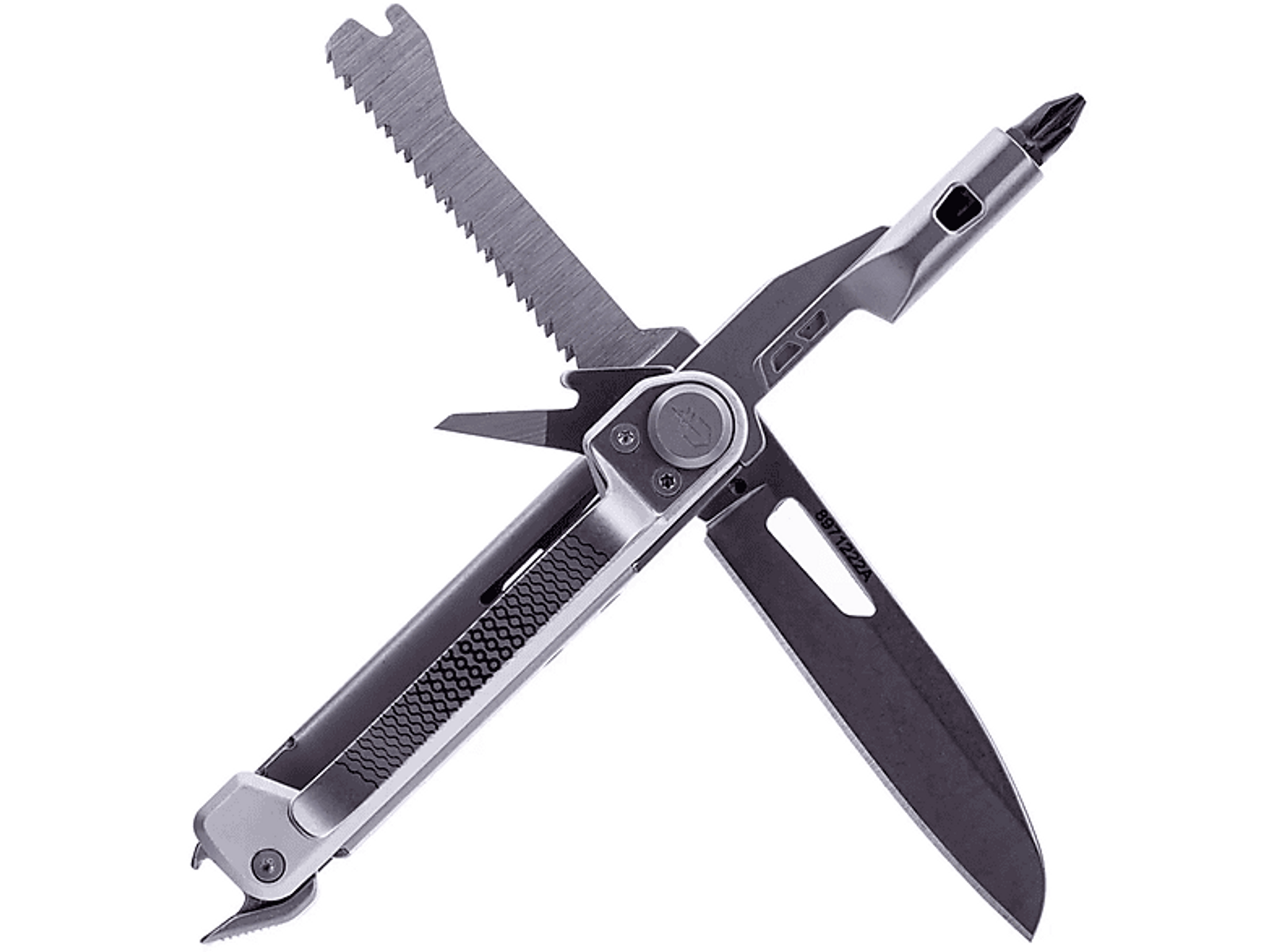 Ein silbernes Multi-Tool mit Sägeblatt, Messer und anderen Werkzeugen. Es ist geöffnet und mittig.