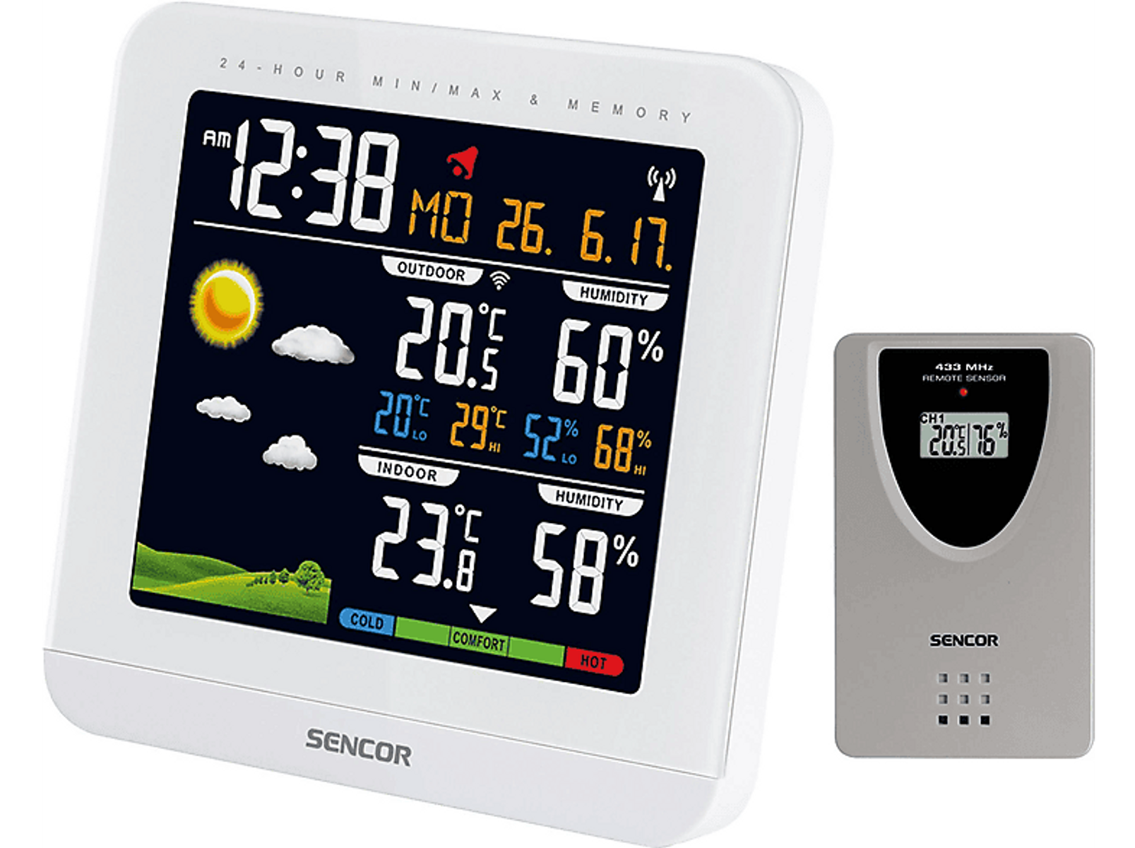 Biała stacja pogodowa z cyfrowym wyświetlaczem i oddzielnym czujnikiem.