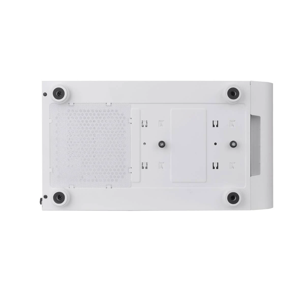 Widok od spodu białej obudowy komputera. Pokazuje otwory wentylacyjne, punkty montażowe i nóżki.