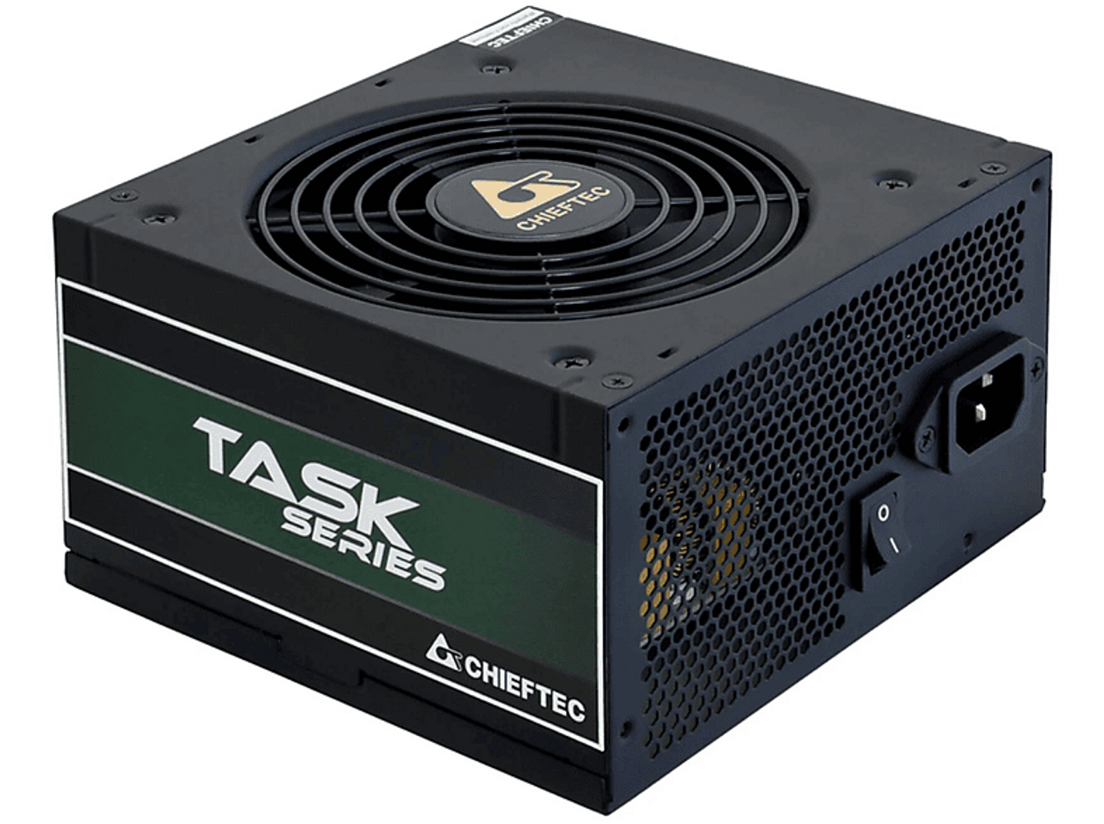 Czarny zasilacz komputerowy, z wentylatorem i zieloną etykietą Task Series. Czarna siatka.