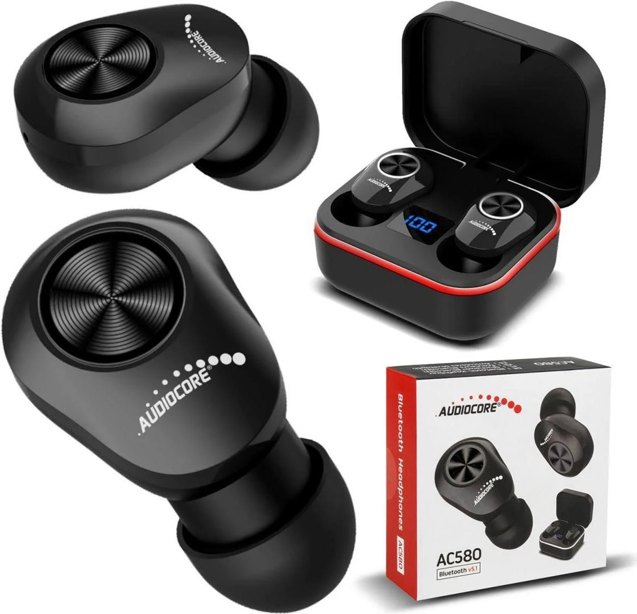 Auricolari wireless neri e custodia di ricarica, con confezione del prodotto visibile.