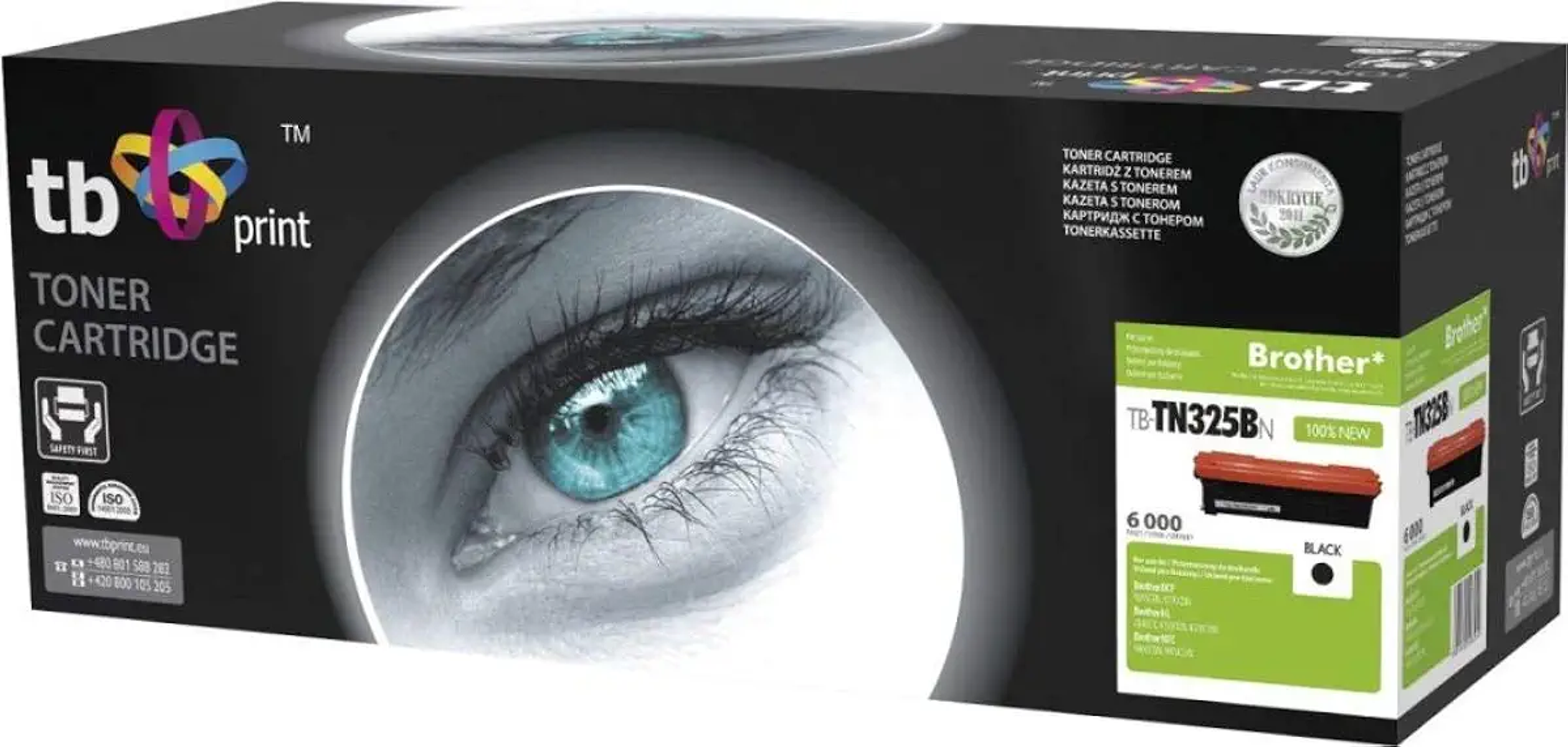 Scatola di cartucce toner con grafica di un occhio e testo.
