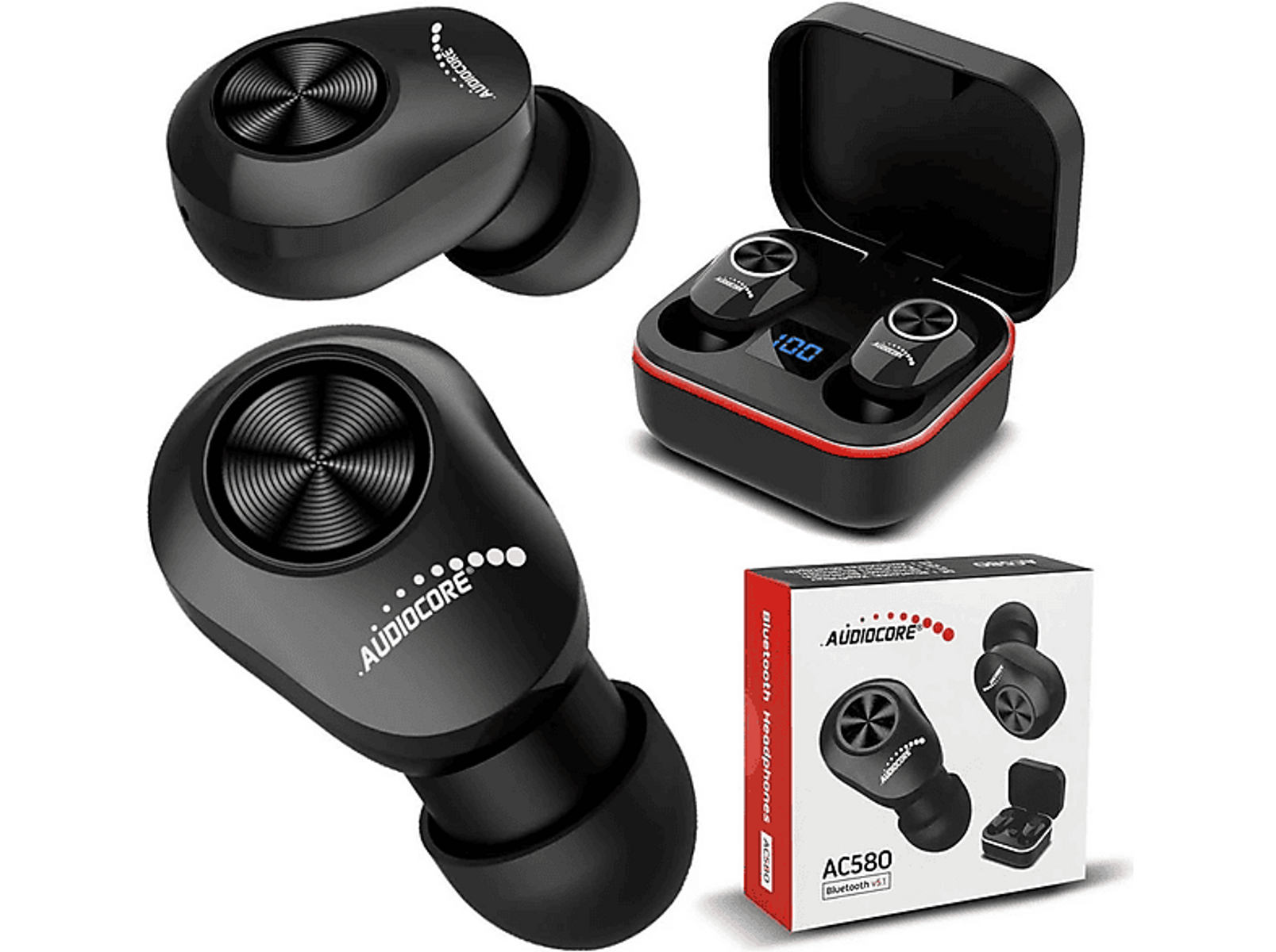Auricolari wireless neri, dentro e fuori la custodia di ricarica, e in una scatola. Il marchio è AudioCore.