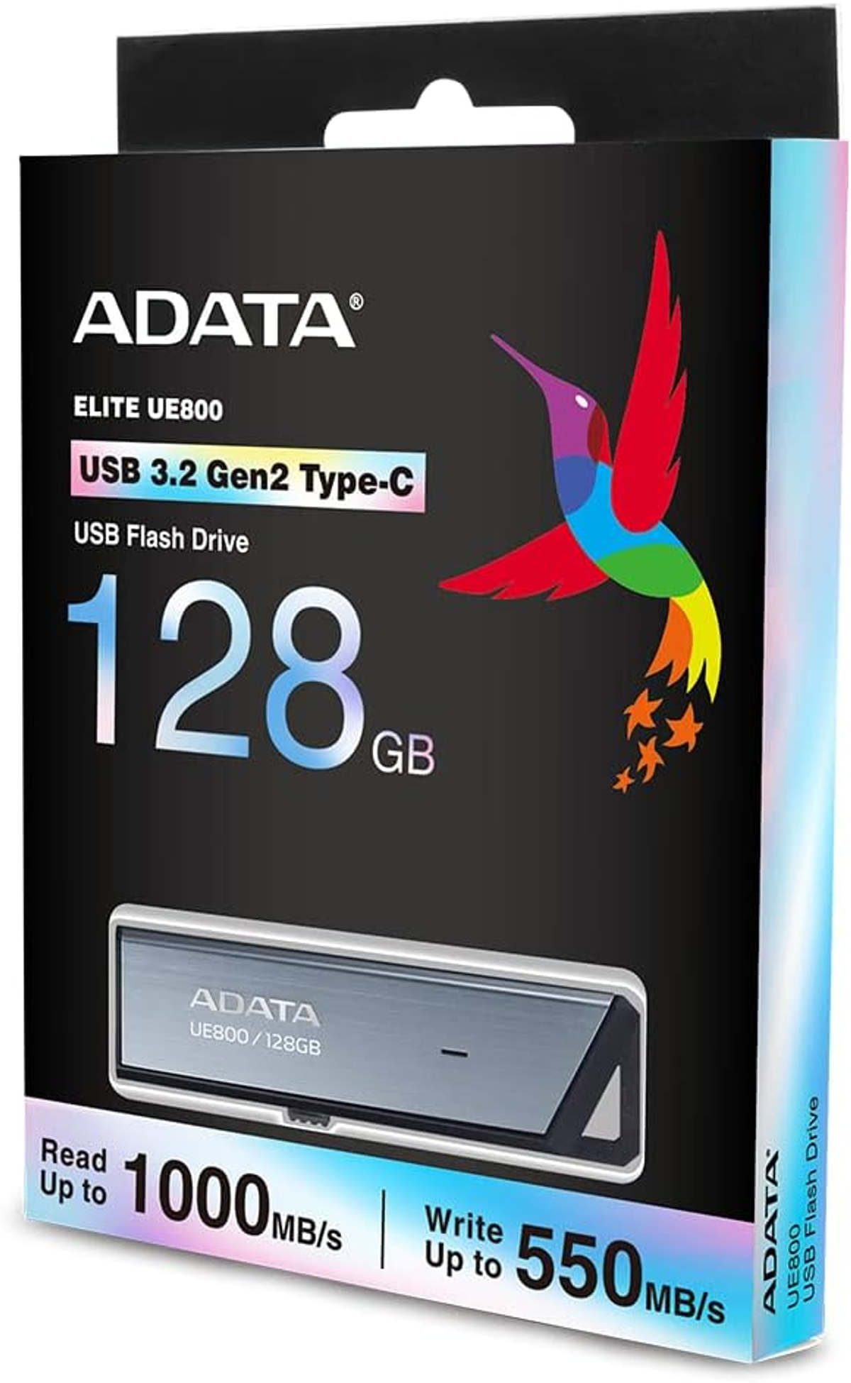 ADATA USB Flash Drive doos. Zwarte doos met een kolibrieafbeelding en tekst.