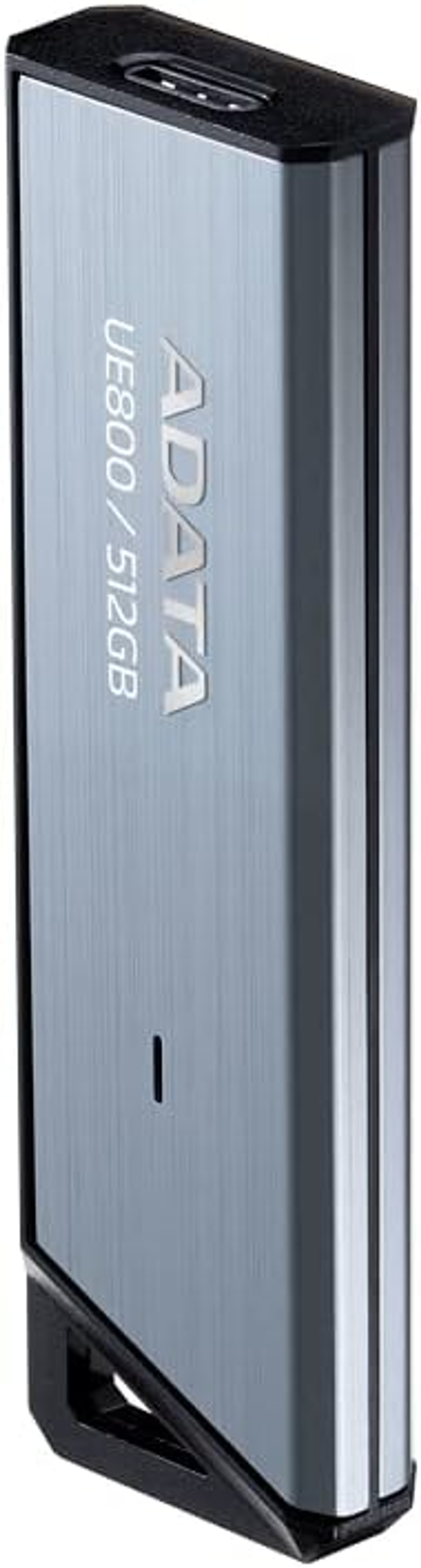 Clé USB ADATA UE800 512 Go argentée. Le corps est argenté métallique avec une extrémité en plastique noir.