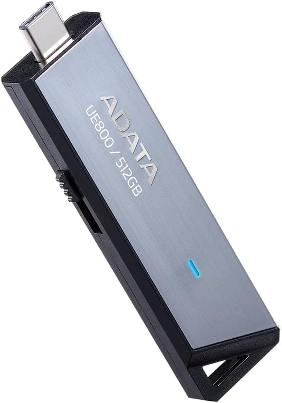 Clé USB argent et noir avec la marque ADATA et un connecteur USB-C.