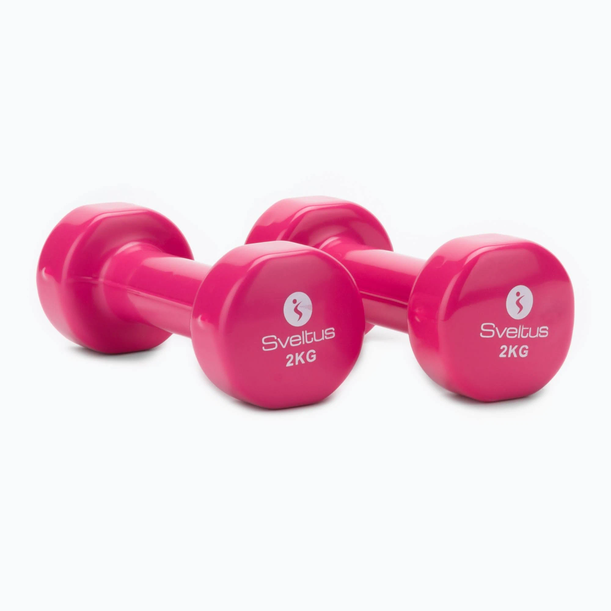 Coppia di manubri rosa. Ognuno ha un peso rotondo, con Sveltus e 2KG stampati.