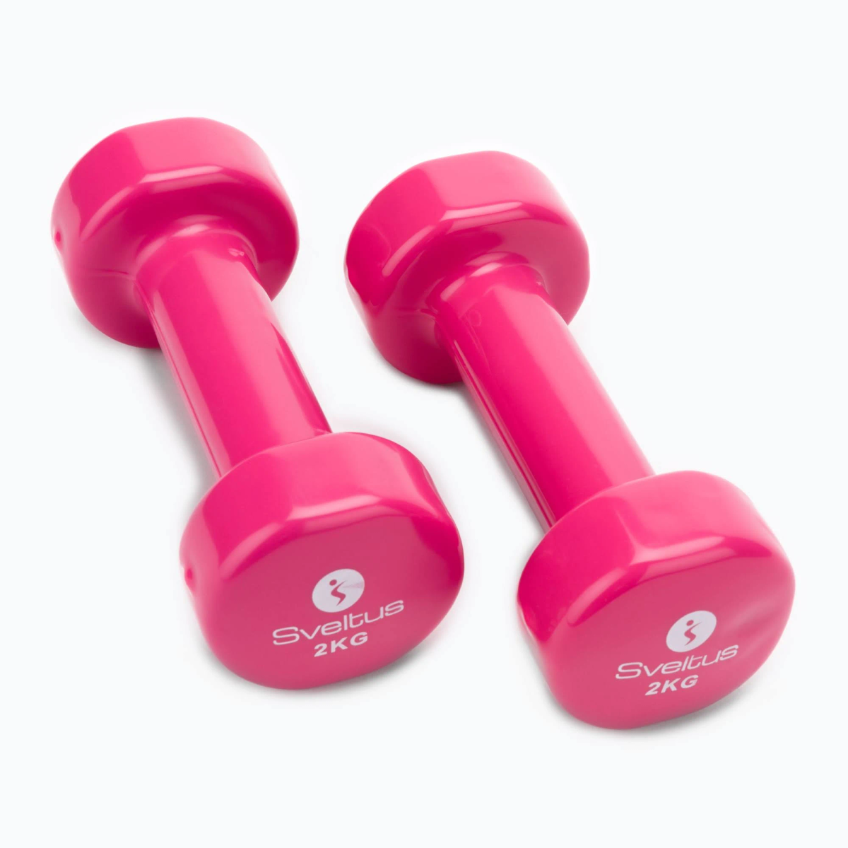 Due manubri rosa con marchio 'Sveltus' e 2KG su sfondo bianco.