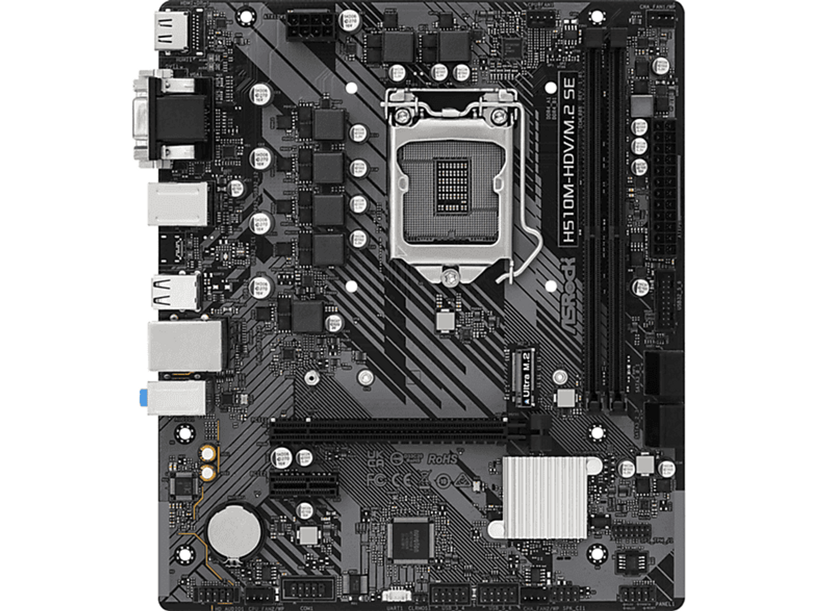 Płyta główna komputera, czarna ze srebrnymi elementami, z gniazdem procesora pośrodku.