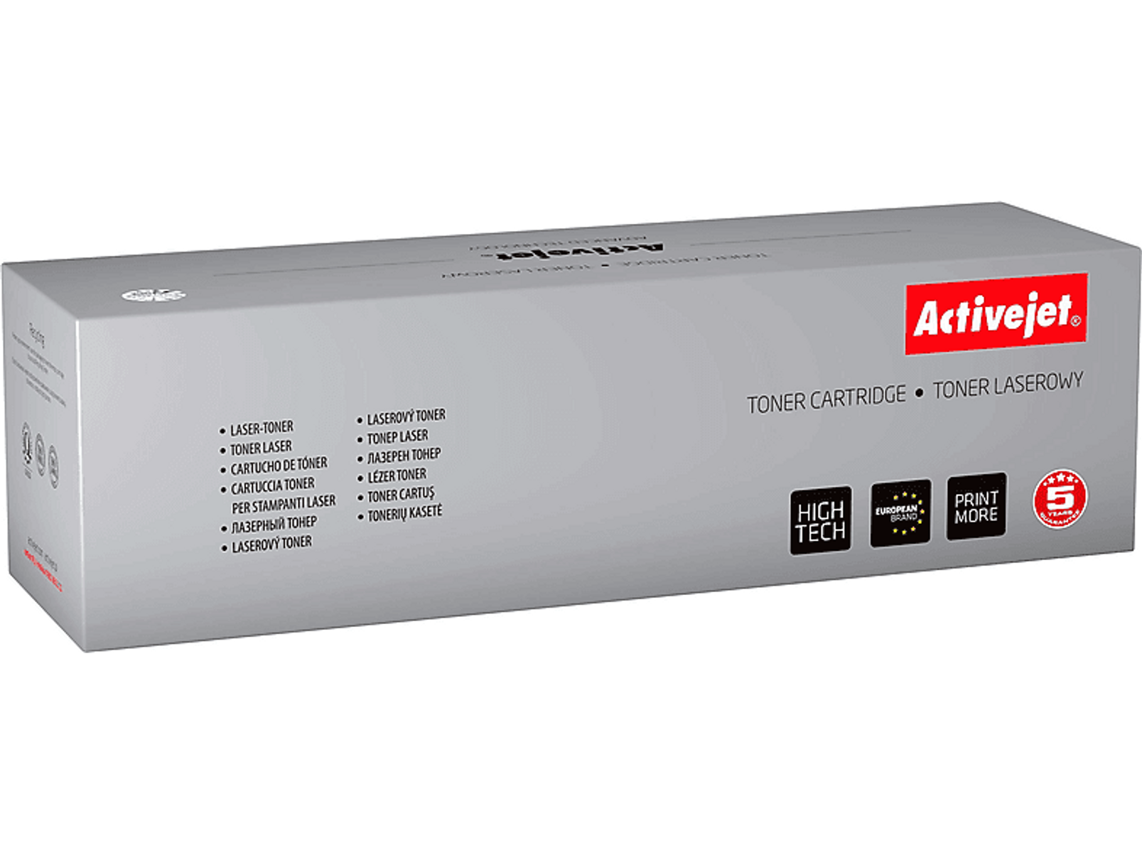 Szare pudełko z tonerem z czerwonym logo Activejet.