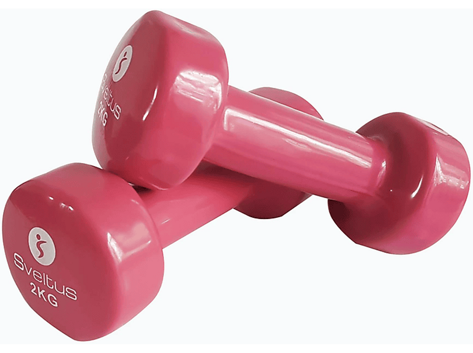 Due manubri rosa, ciascuno con l'etichetta 'Sveltus 2KG'. Sono su uno sfondo bianco.