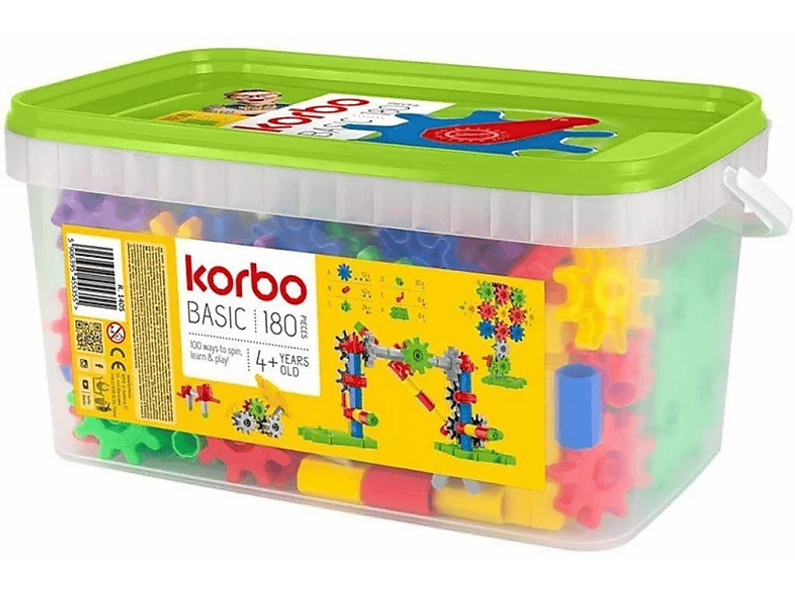 Ein Kunststoffbehälter mit bunten Zahnrädern, Blöcken und anderen Konstruktionsspielzeugen. Grüner Deckel und weißer Behälter.