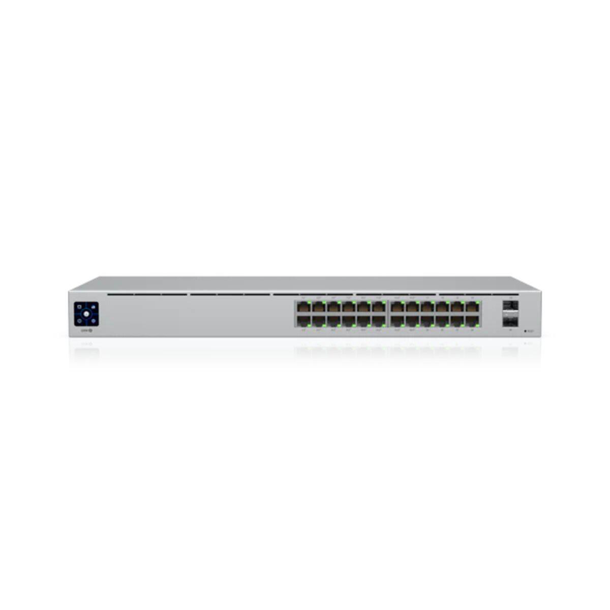 Uno switch di rete argentato con molte porte.