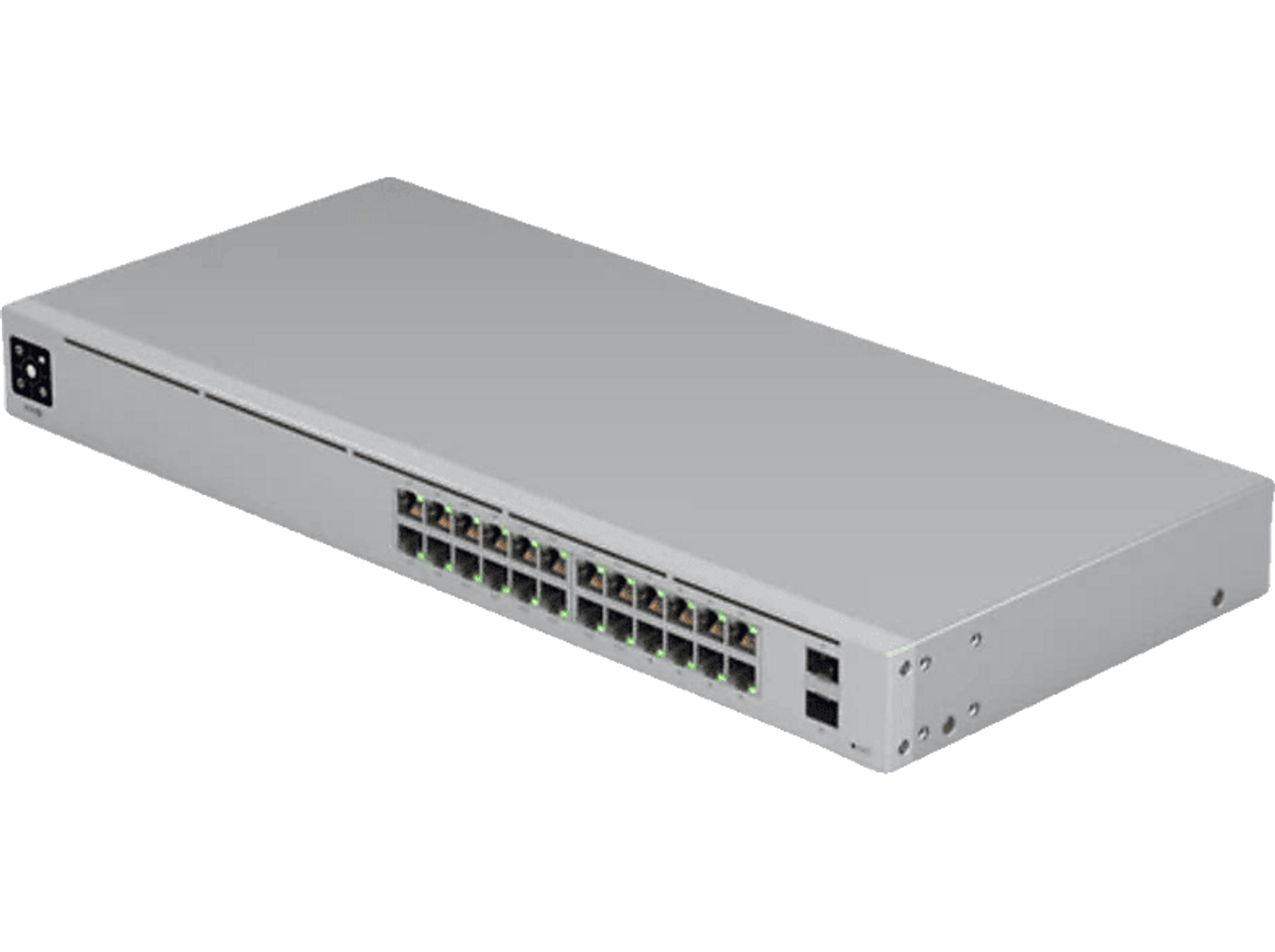 Uno switch di rete argentato con più porte verdi, su sfondo nero.