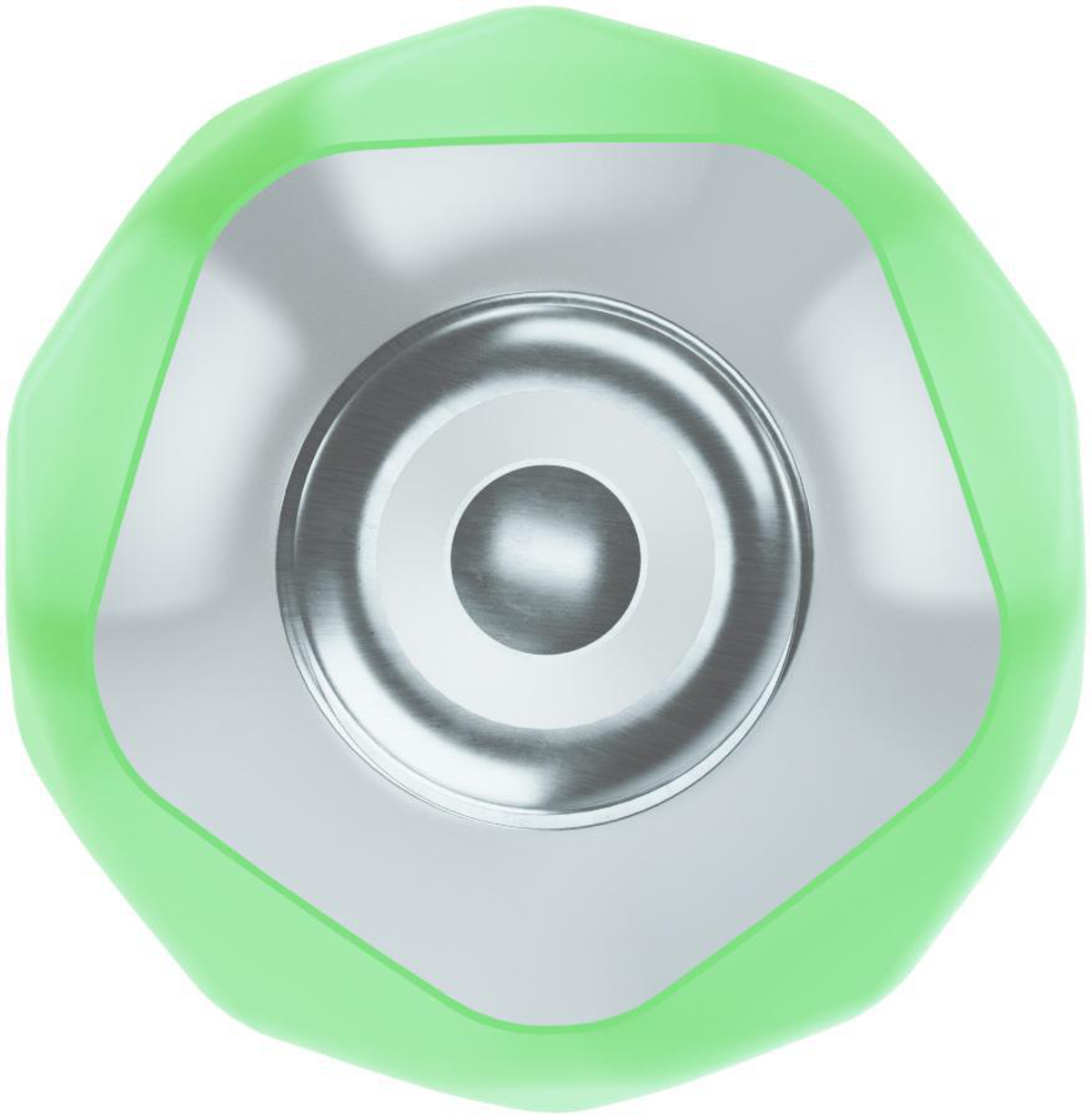 Widok z góry na zielone ogniwo baterii z metalowym środkiem i zieloną obwódką.