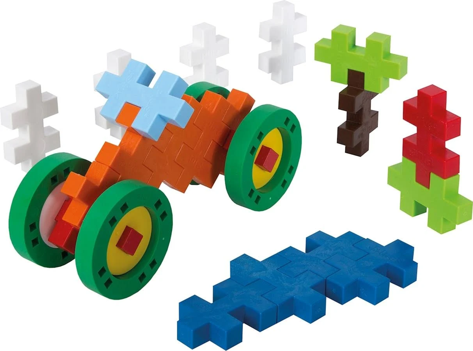 Zabawkowe auto wykonane z kolorowych plastikowych klocków. Niektóre klocki są dookoła.