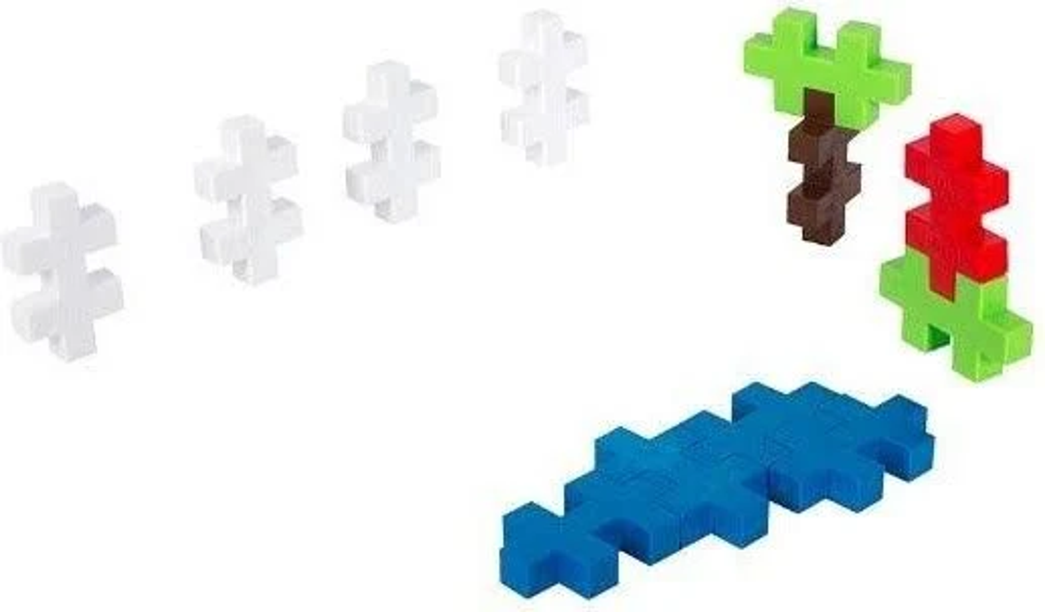 Kolorowe klocki o różnych kształtach. Widoczne są również białe klocki.