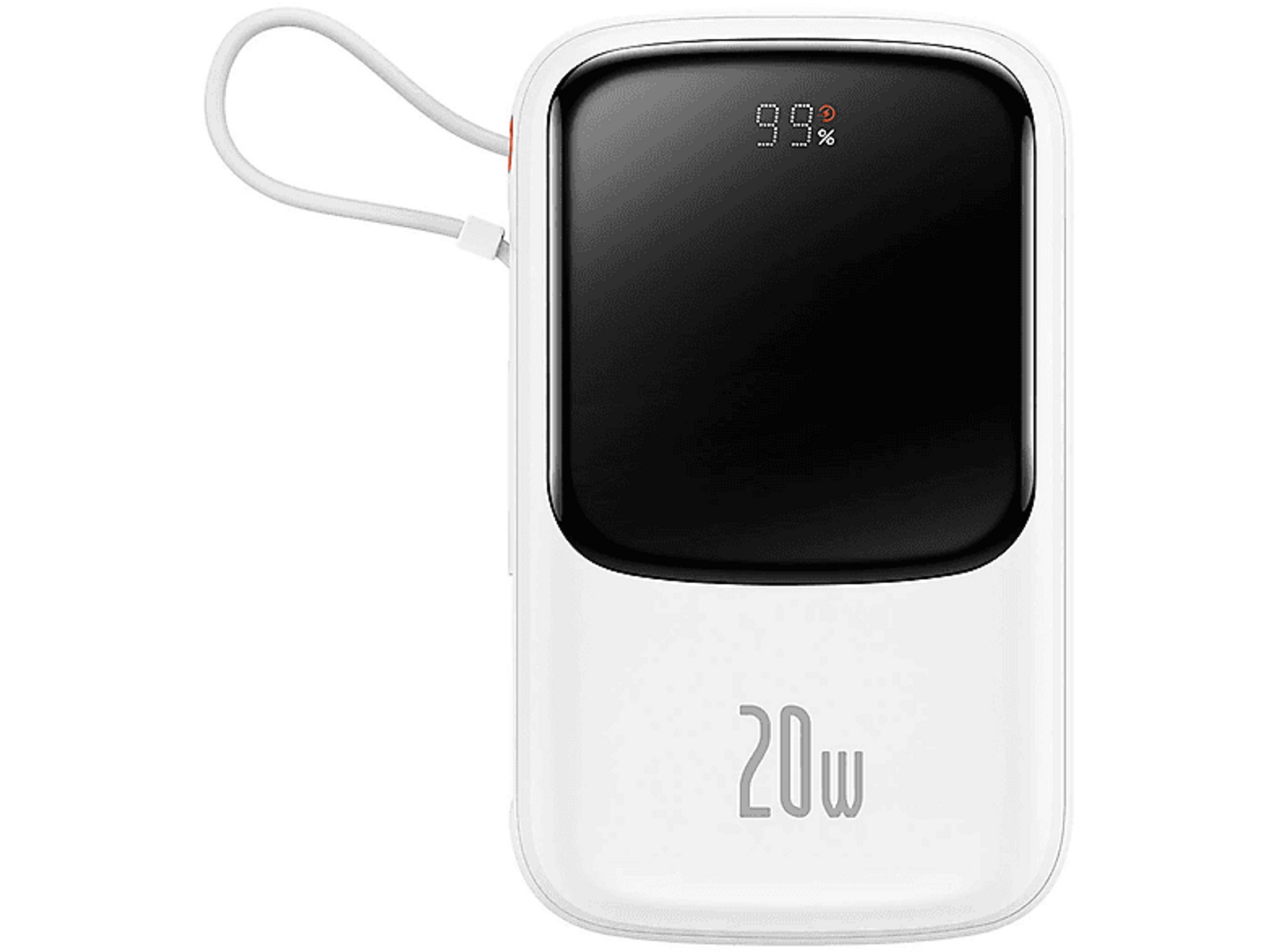 Biały power bank z cyfrowym wyświetlaczem pokazującym 99% i tekstem '20w'.