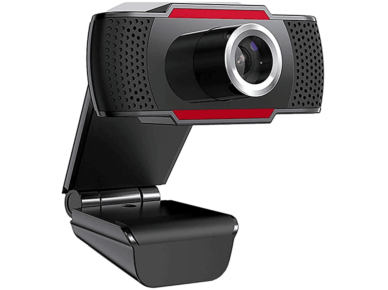 Schwarze Webcam mit rotem Streifen oben. Sie ist auf einem Ständer mit schwenkbarer Basis montiert.