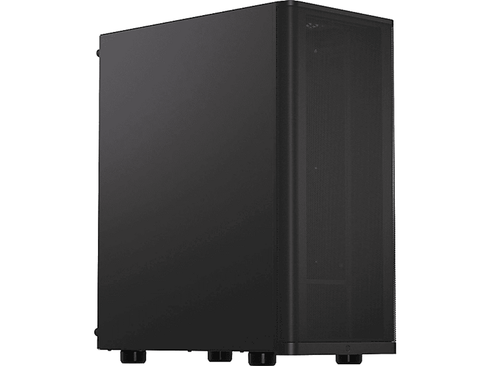 Czarna obudowa komputera z siatkowym panelem przednim i przezroczystym bokiem.